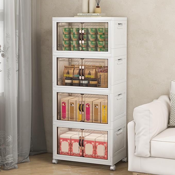 Vavkorkula Storage Bins with Lids and Wheels, 180QT-45QT*4Tier Collapsible Bathroom Storage Cabinet with Clear Doors, Plastic Stackable Closet Organizers and Containers White