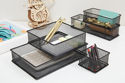 Annova Mesh Stackable Drawer Cabinet and Shelf Organizer Bins Storage Basket School Office Supply Holder Tray- Set of 2 (Black, 6x9x2 Inch)