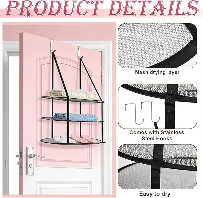 2Pcs 3 Tier Drying Rack, Foldable Hanging Over The Door Drying Rack Clothing, Clothing Racks for Hanging Clothes, Laundry Room Organization, Portable for Laundry Room, Dorms (Black)