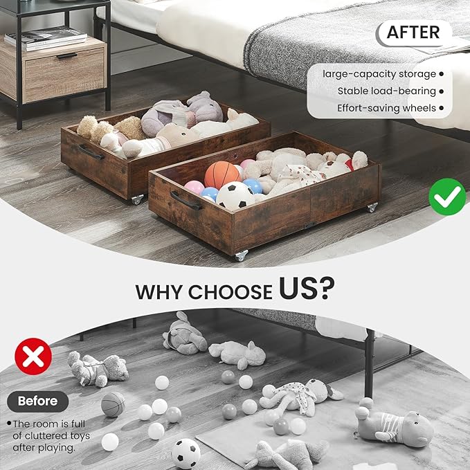 TIOPGHAD Under Bed Storage with Wheels, 2-Pack Under Bed Shoe Storage Organizer Drawer, Composite Wood Organizer for Shoes Clothes Containers in Bedroom for Clothes,Shoes(Brown)