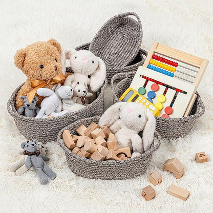 CubesLand Small Cotton Rope Storage Basket Set 5, Shelves Baskets for Organizing with Handle, Decorative Closet Storage Bins for Countertop Toilet Paper Basket for Toilet Tank Top,Mixed Brown Basket