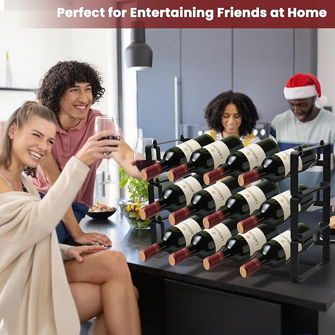 Black Wine Rack for 12 Bottles – Stackable & Expandable Metal Wine Bottle Holder for Bar Counter, Cabinet, Pantry, or Small Spaces – Modern Freestanding Wine Storage Shelf (3 Tier, Black)