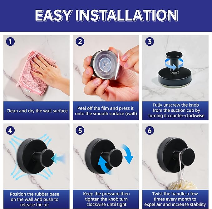 luckin smile Suction Cup Hooks for Shower, No-Drill Removable Towel Hooks for Bathrooms, Suitable for Kitchens, Windows, Glass, Tile, Waterproof & Rustproof Powerful Suction Cup Hook (2, Black)