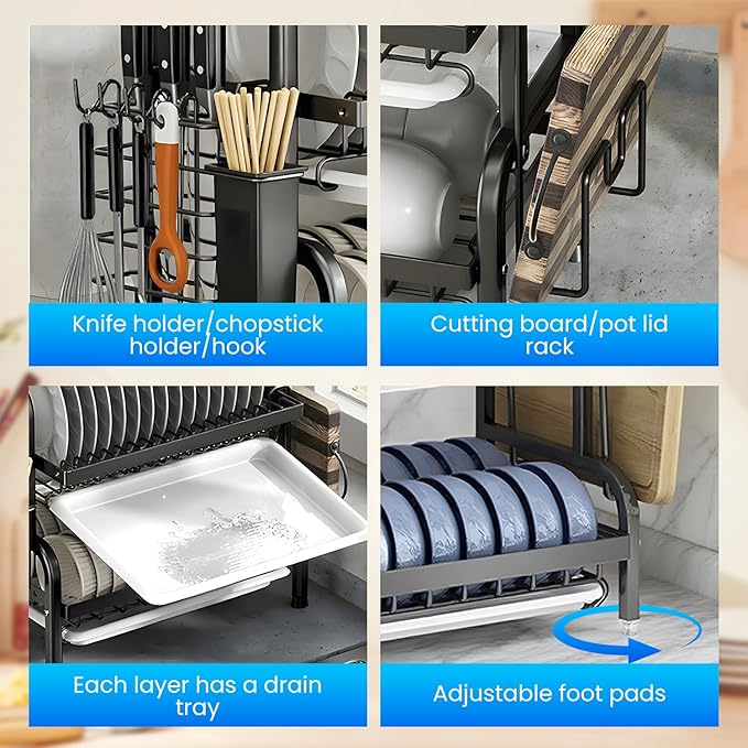 Haboqo Large Dish Drying Rack Multifunctional 3 Tier Dish Rack with Drain Tray, Dish Drainer for Kitchen Counter with Drainboard/Utensil/Cup Holder Rust Proof Carbon Steel
