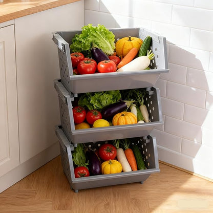 3-Pack Plastic Stacking Organizer Basket, Kitchen Stackable Storage Baskets