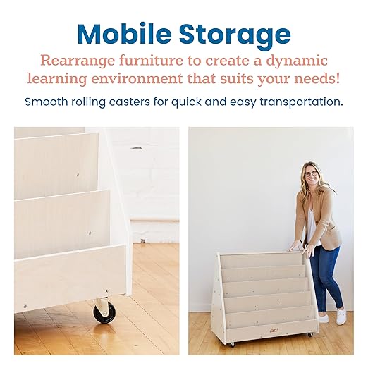ECR4Kids Double-Sided Wooden Mobile Book Display and Storage, Montessori Furniture, White Wash