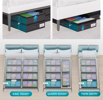 2 Pack Under Bed Storage Containers, Double Layer Underbed Storage Bins for Extensible Closed Design,Clothes Storage Bins with Sturdy Sidewalls/Bottom and PVC Clear Window for Shoes Storage Organizer