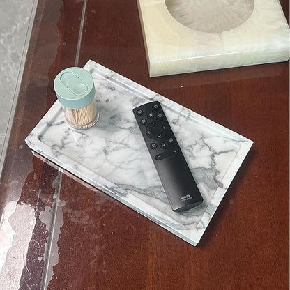 OAIQNUJ Natural White Marble Vanity Tray, 9.8"x5.9" Genuine Marble Stone Tray for Bathroom/Kitchen/Dresser (Arabescato)