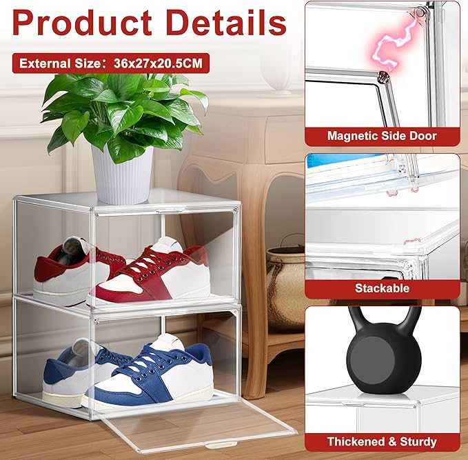 EZJOB 1 Pack Clear Shoe Storage Organizer for Closet Size 12 Shoe Box Stackable Shoes Rack Handbag Organizer Plastic Sneaker Storage Bin with Magnetic lids
