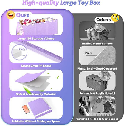 Extra Large Toy Box, Toy Chest for Kids Boys Girls, Collapsible Sturdy Storage Organizer with Mesh Pockets, 40"x14"x16" Kids Box Bins Baskets for Nursery, Playroom, Purple