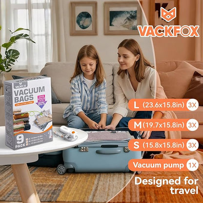 VACKFOX Travel Vacuum Storage Bags with USB and TYPE C Pump, 9 Pack Carry-On Size Compression Packing Bags for Luggage and Suitcase, Space Saver for Clothes and Clothing Travel（Grey）
