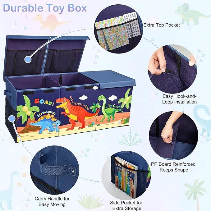 Unicorn Castle Toy Box with Adjustable Divider Toy Chest Storage Large Toy Storage Organizer Bin Collapsible with Lid Pockets for Nursery Playroom,Dark Blue Dinosaur