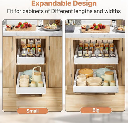 BUFOR 2 Pack Pull out Cabinet Organizer, Width (12"-19") Depth (17"-23"), with 3 Rails Adjustable Slide, Expandable Pullout Drawers for Cabinets, No Drill Adhesive Kitchen Drawers for Pantry Shelves