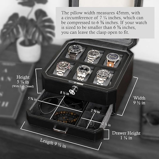ROTHWELL 6 Slot Leather Watch Box with Valet Drawer - Luxury Watch Case Display Organizer, Microsuede Liner, Locking Mens Jewelry Watches Holder, Men's Storage Boxes With Large Glass Top (Black/Grey)