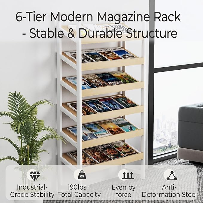 Floor-Standing Magazine Rack 6 tier, Newspaper Holder 38° Slant, Book Display Shelf, Brochure Display Stand for Exhibitions Shopping Malls Hospitals Offices School (White)