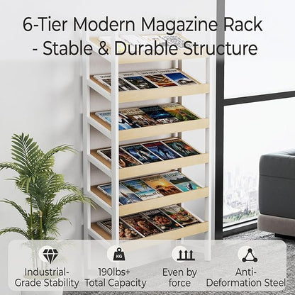Floor-Standing Magazine Rack 6 tier, Newspaper Holder 38° Slant, Book Display Shelf, Brochure Display Stand for Exhibitions Shopping Malls Hospitals Offices School (White)