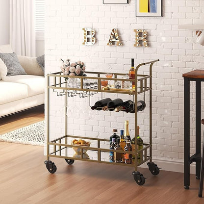 TrailBlaze Gold Mirrored 2-Tier Rolling Bar Cart – Beverage & Wine Service Trolley with 4 Bottle Racks & 3 Glass Holders – Compact Metal Design for Home, Kitchen, Dining, Living Room – 34x15x35in