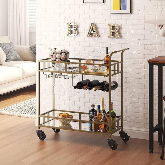 TrailBlaze Gold Mirrored 2-Tier Rolling Bar Cart – Beverage & Wine Service Trolley with 4 Bottle Racks & 3 Glass Holders – Compact Metal Design for Home, Kitchen, Dining, Living Room – 34x15x35in