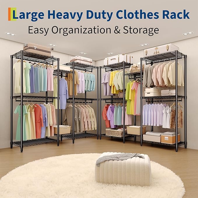 Portable Clothes Rack Heavy Duty Garment Rack, Large Freestanding Closet Wardrobe with Adjustable Shelves & 5 Hanging Rods, Closet Organizer and Storage for Bedroom Cloakroom, 76.5"H x 73.6"L x 17.4"W