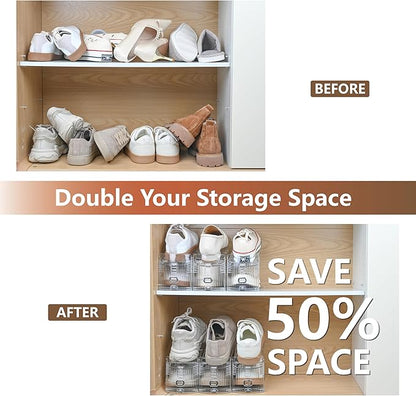 16-Pack Shoe Slots Organizer for Closet, Adjustable Shoe Stacker & Space Saver, Clear Double Deck Shoe Storage for Small Spaces, Transparent