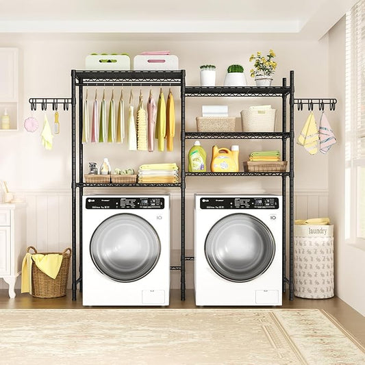 Ulif U5 Over the Washer and Dryer Storage Shelf, Laundry Room Space Saver Bathroom Storage and Organizer Rack for Hanging Towels and Drying Clothes with 5 Wire Shelves, 58.2"W x 13.4"D x 77.5"H, Black