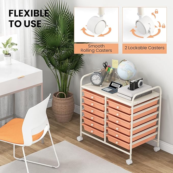 Giantex 12 Drawers Rolling Cart, Mobile Storage Drawer Cart, Classroom Organizer Cart for Office School Supplies Tools Scrapbook Paper Craft Small Printer, Utility Cart on Wheels, Peach Fuzz