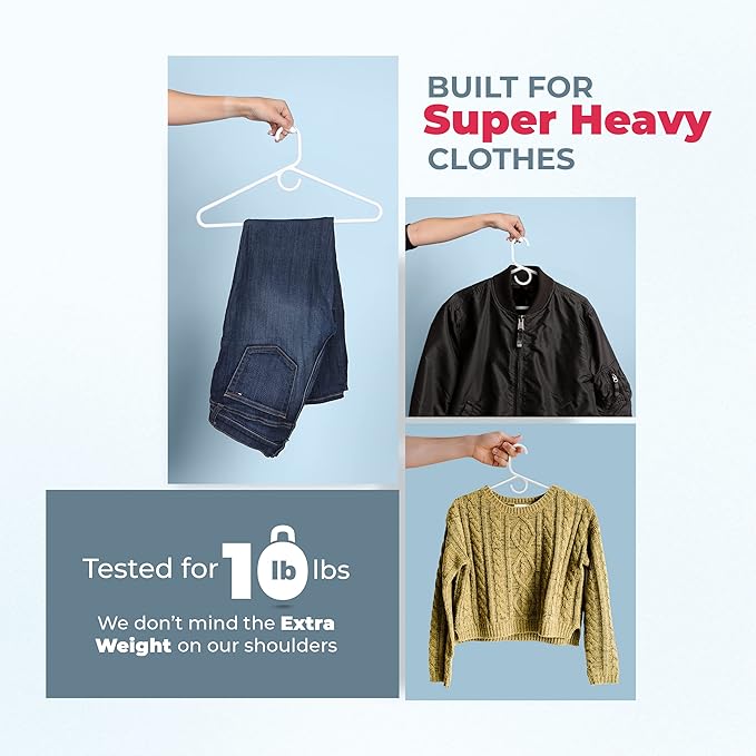 Neaties Super Heavy Duty Clothes Hangers 6 Pack – Made in The USA - 10lb Capacity, Thick Plastic Hangers for Pants, Coats, Jackets, Jeans and Adult Clothing – White