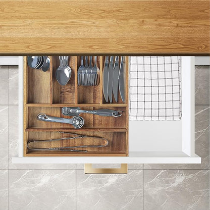Acacia Wood Silverware Organizer, Kitchen Utensil Drawer Organizer for Forks, Knives & Spoons, 6-Compartment Cutlery Tray, Flatware Holder