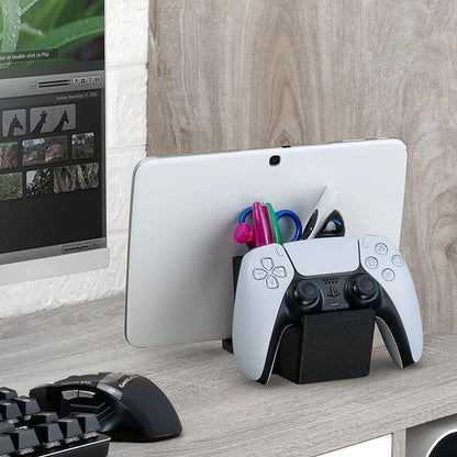 Desk Organizer with Game Controller Holder, Tablet Stand for iPads/iPhones, TV Remote & Pen Storage, Reduce Desktop Clutter, Have All Your Side Table Items in One Space (Black)