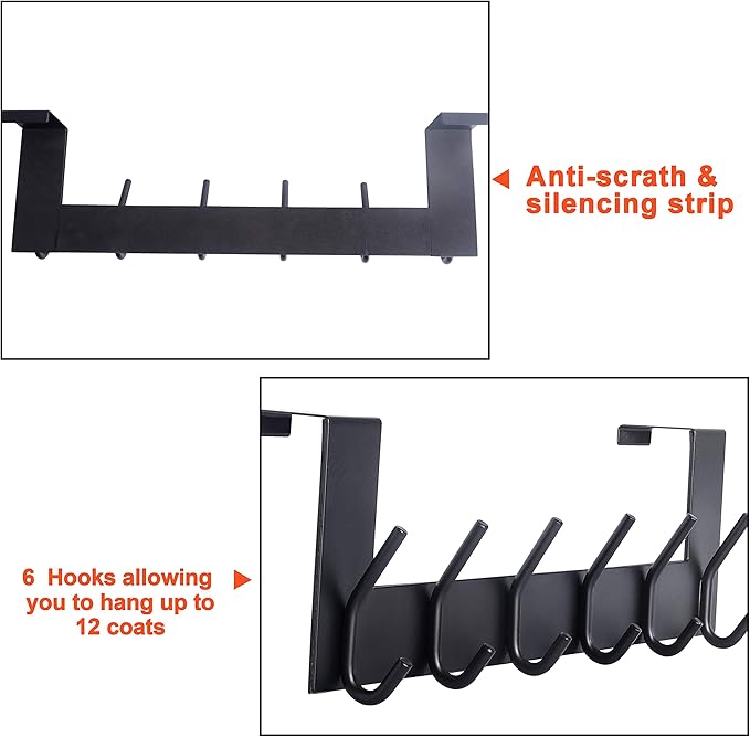 SKOLOO Over The Door Hook - 6 Hooks, No Assembly Required, Stainless Steel Door Hooks, Over Door Coat Rack for Hanging Coats Clothes Hats Robes, Black