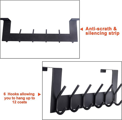SKOLOO Over The Door Hook - 6 Hooks, No Assembly Required, Stainless Steel Door Hooks, Over Door Coat Rack for Hanging Coats Clothes Hats Robes, Black, Pack of 2