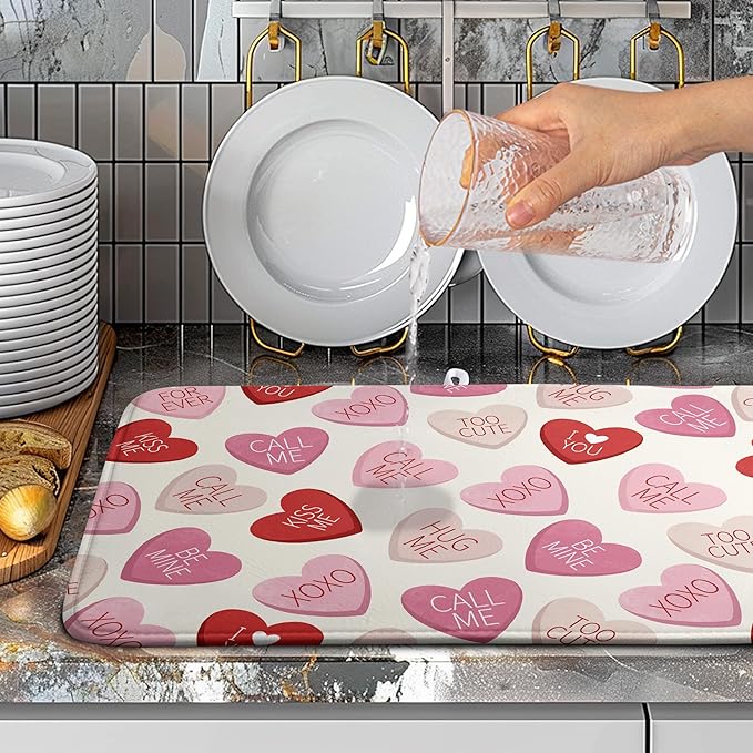 Wnoesat Valentine Love Heart Dish Drying Mat for Kitchen Counter 18x24 Inch Valentines Day Dish Mats Absorbent Microfiber Dish Draining Mat Reversible Dish Drying Rack Mat with Hanging Loop
