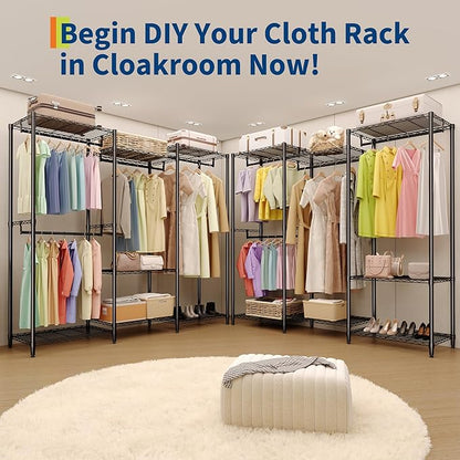 Portable Clothes Rack Heavy Duty Garment Rack, Large Freestanding Closet Wardrobe with Adjustable Shelves & 4 Hanging Rods, Closet Organizer and Storage for Bedroom Cloakroom, 76.5"H x 67.6"L x 15.5"W