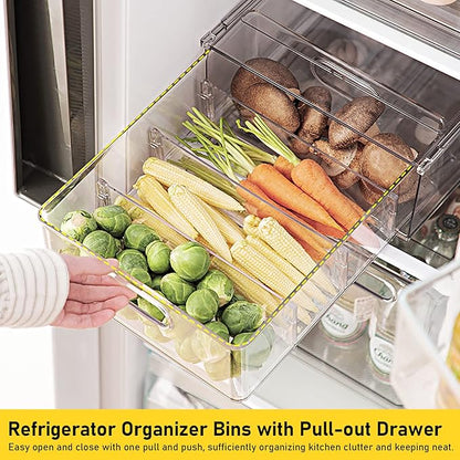 Greenby 4 Pack Refrigerator Organizer Bins with Pull-out Drawer Stackable Clear Fridge Drawer Organizer Fruit Vegetable Storage Containers for Kitchen Pantry Organization (2 Large+2 Small)