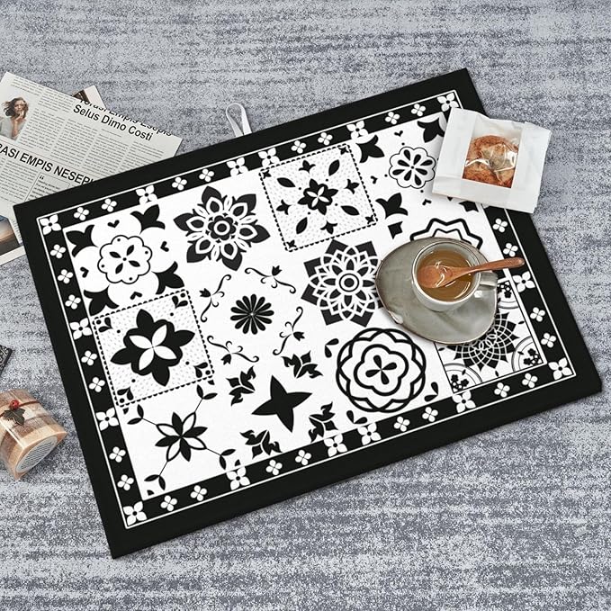 Retro Black Pattern Dish Drying Mat 18x24 For Kitchen Counter Absorbent Microfiber Dishes Pad Dish Drainer Rack Mats Fast Dry Kitchen Accessories