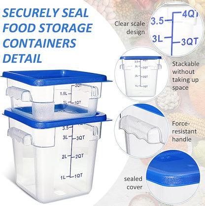 Yungyan 8 Pcs Restaurant Food Storage Containers with Lids Set 2Qt and 4Qt Commercial Restaurant Square Storage Containers Clear Food Cereal Container for Kitchen Freezer (Blue Lids)