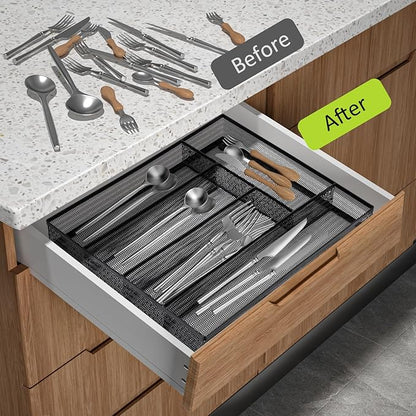 Neudeco Silverware Drawer Organizer Holder, Cutlery Tray Silverware Flatware Storage Divider for Kitchen, Bedroom, Living Room,Mesh Wire with Non-slip foam Feet, 5 Compoment（Black）