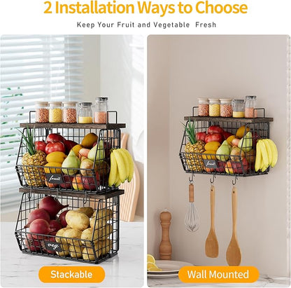 2 Pack Hanging Wall Fruit Basket for Kitchen Counter, Stackable Wire Basket for Fruit, Vegetable, Potato and Onion Storage, Wall-Mounted Fruit Holder with Wood Lid, Banana Hooks & Metal Handles