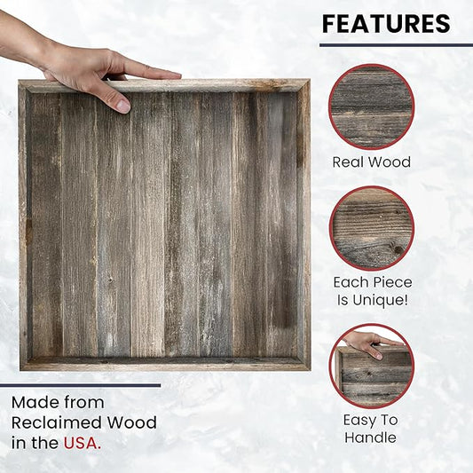 Wooden Ottoman Tray with Felt Pad – Decorative Couch Serving Tray Made with Real Rustic Reclaimed Wood - Perfect for Living Room Ottomans, Sofas, & Coffee Tables -24" x 24" - Natural Weathered Gray