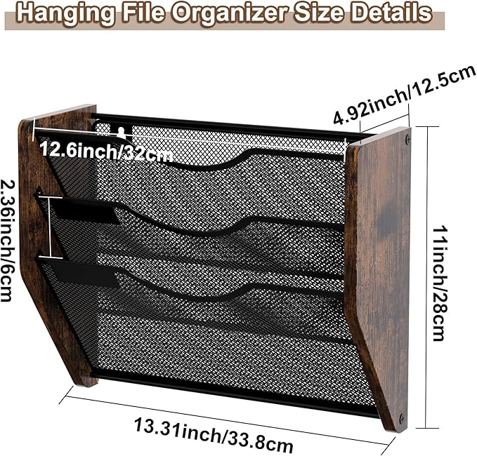 Hanging Wall Files Organizer, 3 Tier Mail Organizer Wall Mounted,Hanging File Holder,Magazine Rack for Documents,Magazine,Literature,File,Mails,Envelopes