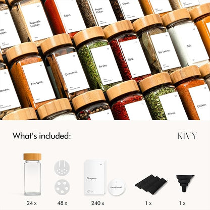 KIVY Drawer Spice Organizer + 24 Jars & 240 Labels - Seasoning Rack for Organization - Kitchen Drawer Insert for Spice Jars - Glass Seasoning Jars with Airtight Lids - Glass Spice Jars with Label
