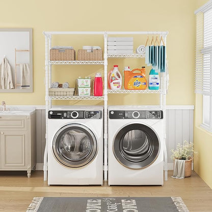 U14 Medium Over the Washer and Dryer Shelves, 4 Tiers Laundry Room Storage and Organizer System, Space Saving Clothes Drying Rack with 2 Clothes Hanger Rods, 57.8"W x 20.5"D x 77.4"H, White