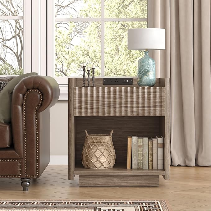Bigbiglife Fluted Nightstand Set of 2 with Charging Station, 22" Modern Side Table with Drawer End Table with Open Storage, Bedside Table for Bedroom, Living Room, Natural Oak (2, Dark Walnut)