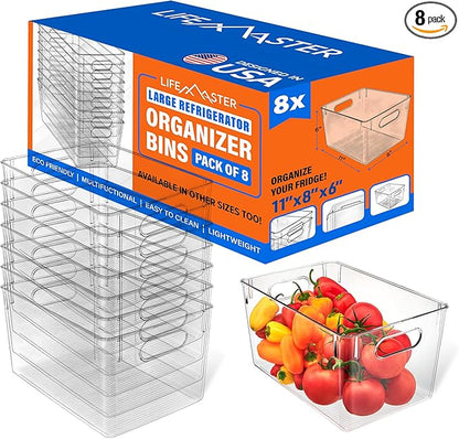 Lifemaster Stackable Refrigerator Bins - Set of 8 Large Capacity Organizers with Easy Grip Handles - Clear and Versatile for Kitchen Storage