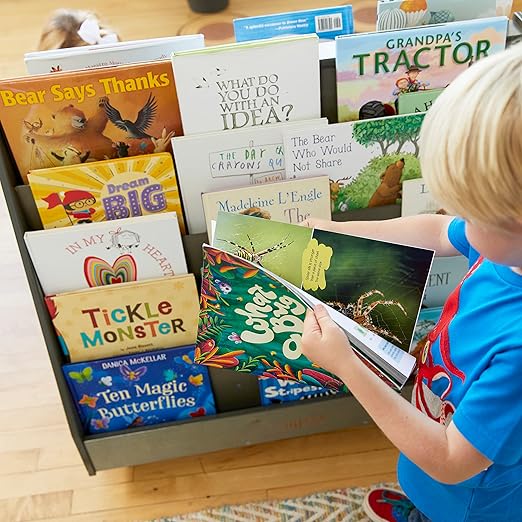 ECR4Kids Double-Sided Wooden Mobile Book Display and Storage, Montessori Furniture, Grey Wash