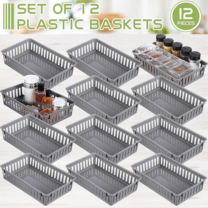 Wenqik Set of 12 Plastic Baskets for Organizing 10.24 x 6.5 x 2.36 Inch Rectangular Trays Plastic Organizer Bins Rectangle for Desk Organization(Grey)