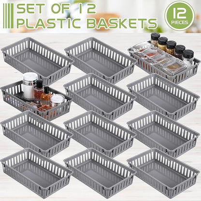 Wenqik Set of 12 Plastic Baskets for Organizing 10.24 x 6.5 x 2.36 Inch Rectangular Trays Plastic Organizer Bins Rectangle for Desk Organization(Grey)