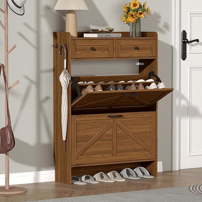 Shoe Cabinet with 2 Flip Drawers & 2 Storage Drawers, Rustic Farmhouse Narrow Shoe Organizer Cabinet, Slim Shoe Rack Cabinet, Shoe Storage Cabinet for Entryway, Hallway, Front Door