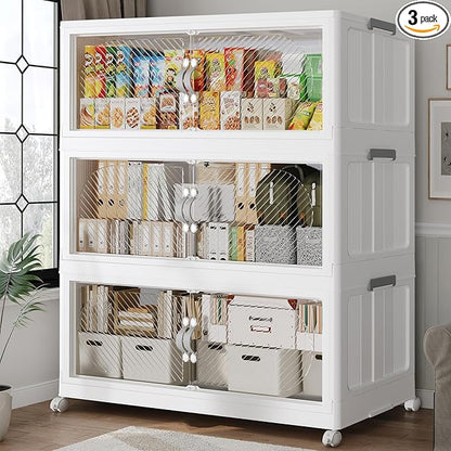 360QT Extra Large Stackable Storage Bins with Lid, 90Gal Plastic Closet Organizers and Storage Drawer, Collapsible Cabinet Box with Wheels Clear Doors for Home Kitchen Office, 3Pack White