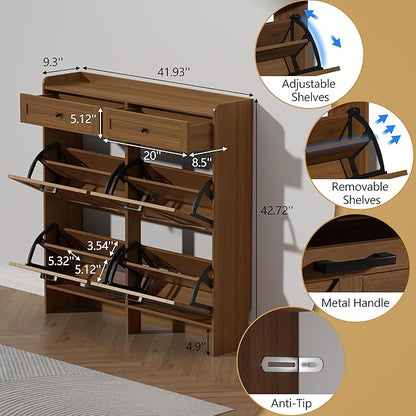 Shoe Cabinet with 4 Flip Drawers & 2 Storage Drawers, Rustic Farmhouse Narrow Shoe Organizer Cabinet, Slim Shoe Rack Cabinet, Shoe Storage Cabinet for Entryway, Hallway, Front Door